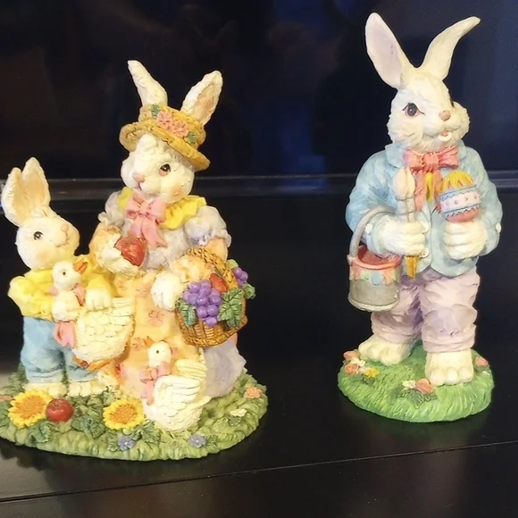 Easter Bunny Figurine Pair - Pastel Multi-Color Decorative Rabbits - Picture 1 of 6